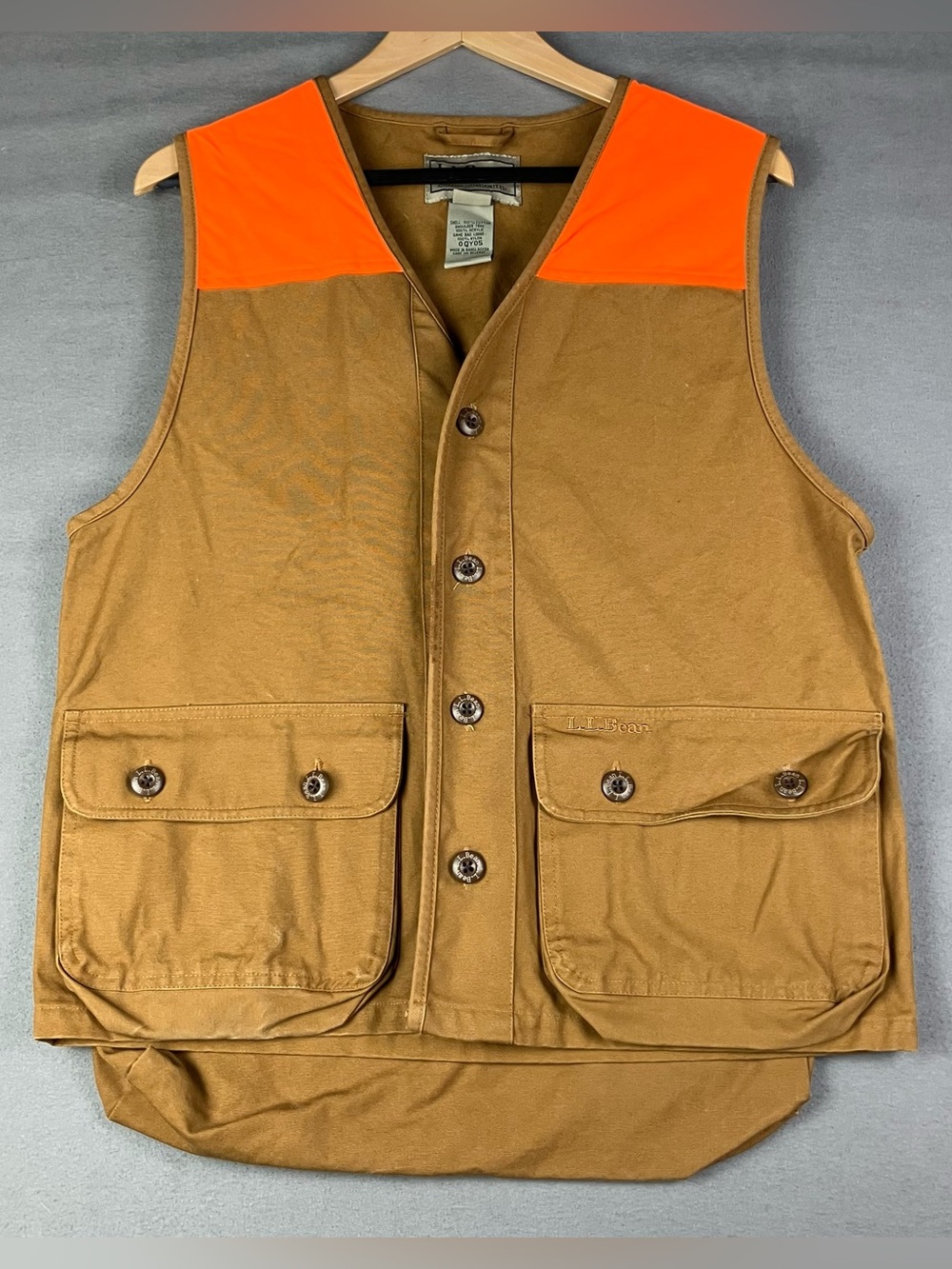 L.L. Bean Men's Size Small Brown Hunting Vest Button Up Blaze Orange Shoulders.